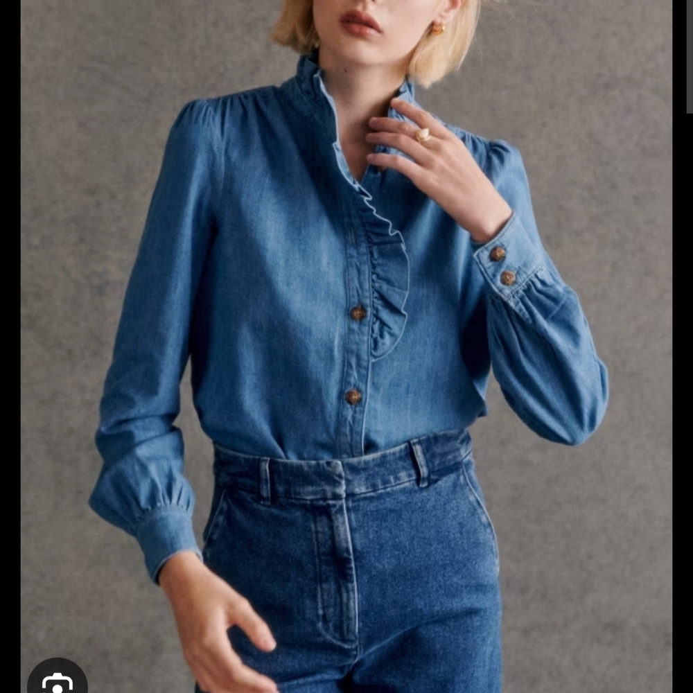 Sezane Chlo shirt deep Blue Ruffled Denim Shirt 36 / S